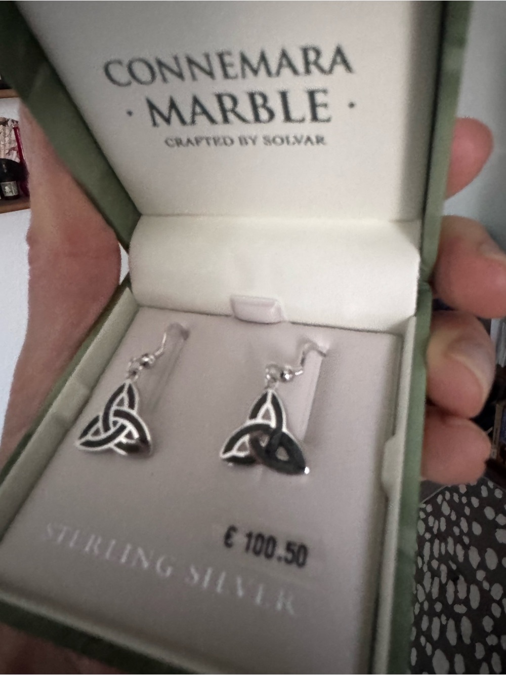 Sterling Silver Trinity Knot Drop Earrings - Silver with Connemara Marble - Picture 3 of 3